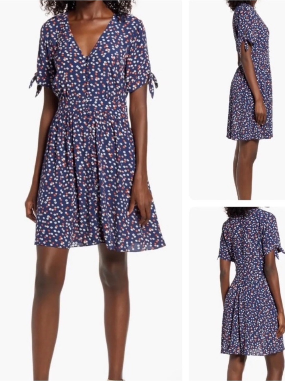 Madewell Navy Floral V-Neck Short Sleeve Dress